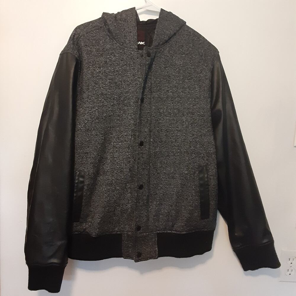 Tony Hawk Jacket Mens L Gray Black Faux Leather Sleeves Full Zip Snap
